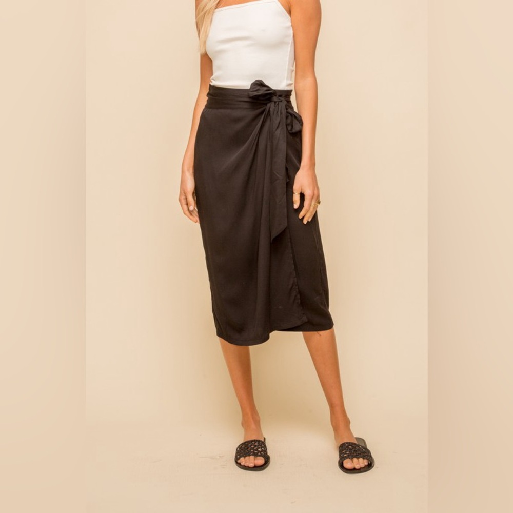 Black Tie Waist Wrap Midi Skirt